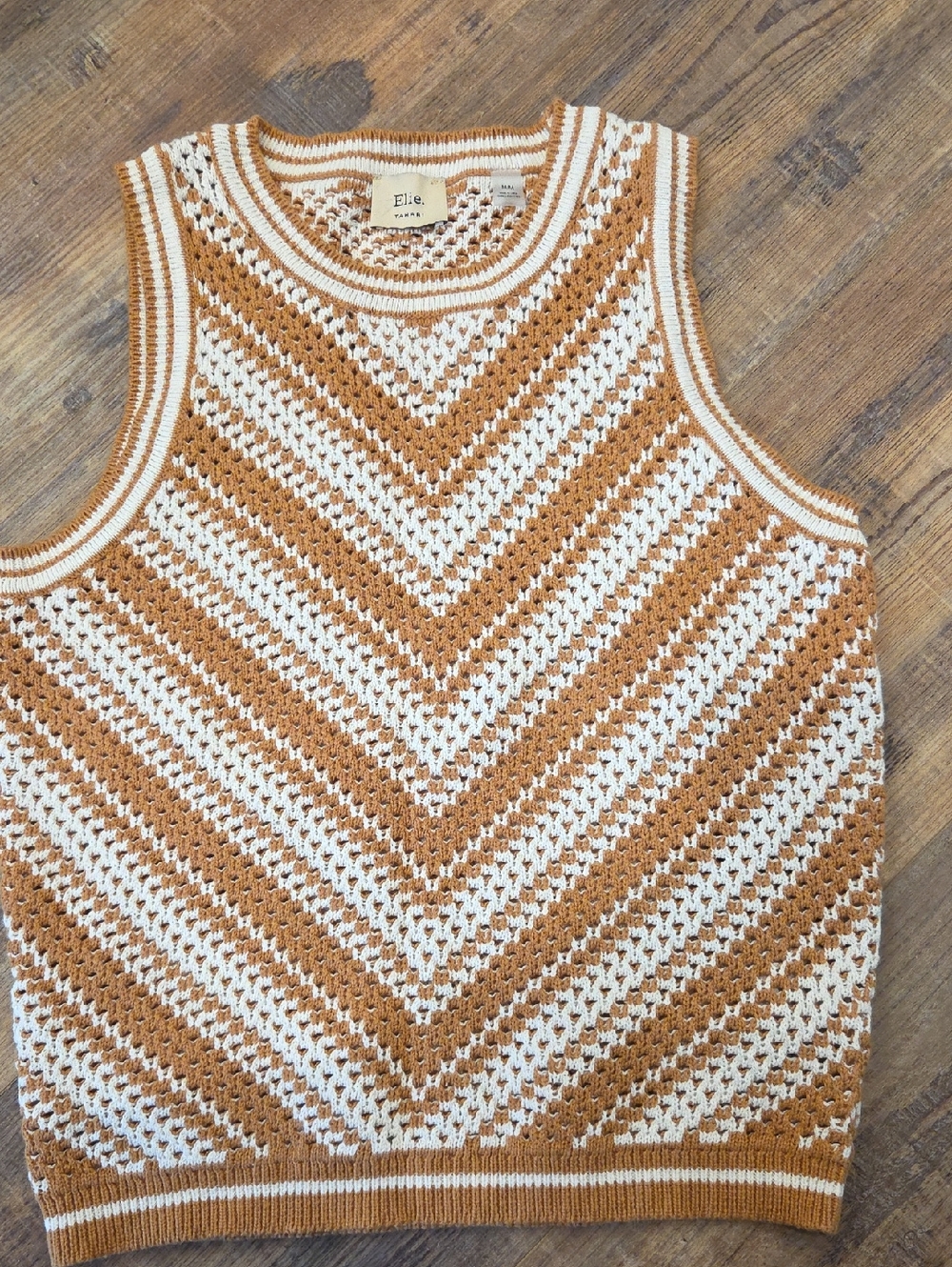 Tahari Chevron Open-Knit Crewneck Vest in Cream and Tan
